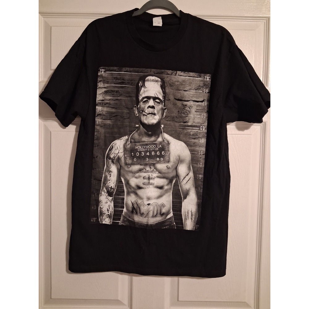 Frankenstein Mugshot Graphic T Shirt Mens Large Black Halloween Horror Goth Tee